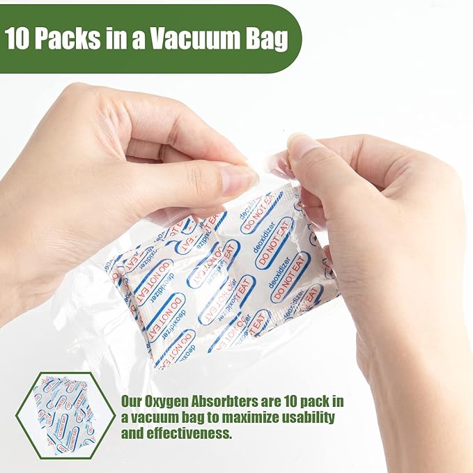 100 Packs 700CC Food Grade Oxygen Absorbers (10 Pack in Individual Vacuum Bag ) , Oxygen Absorbers For Long Term Food Storage with Oxygen Indicator , Works in Mylar Bags, Mason Jars, and Vacuum Bags