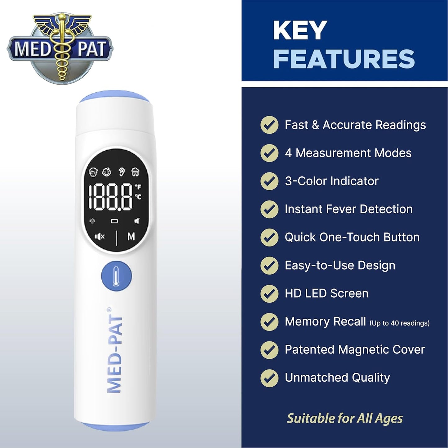 Med-Pat TH-1 Touchless Digital Thermometer - Infrared 1-Second Result - - Baby, Kids, Adults - Temperature Fever Alert, HD Color - Forehead & Ear Mode - Auto-Light & Silent Mode