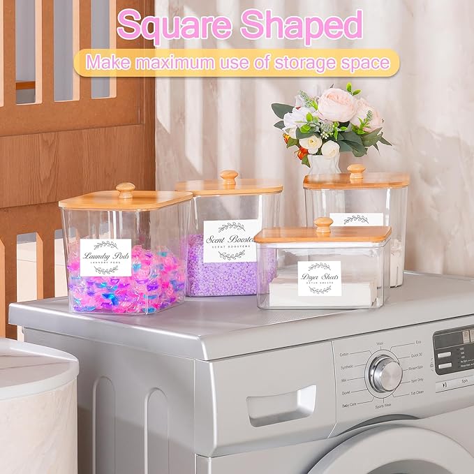 efluky 4+1 pack Laundry Pods Container & Dryer Sheet Holder Set,Clear Laundry Room Organization Containers with Bamboo Lids and Labels,Laundry Pods Holder for Scent Booster,Powder,Pod