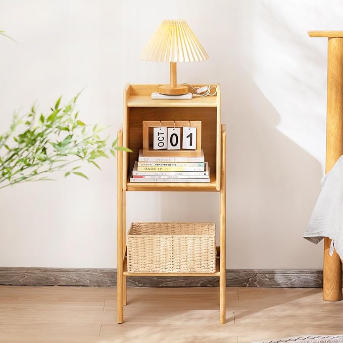 Welnow Bamboo Bookcase with Cabinet, Natural End Table with 1-Tier Storage Shelf, Modern Bedside Organizer Side Table for Bedroom or Living Room, Wood Bookshelf with Open Space