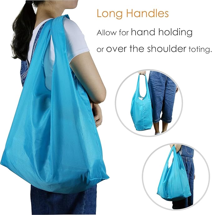 BeeGreen Light Blue Reusable Grocery Bags with Zipper Storage Pouch 10 Packs Blue Reusable Shopping Bags Bulk Foldable-Machine Washable