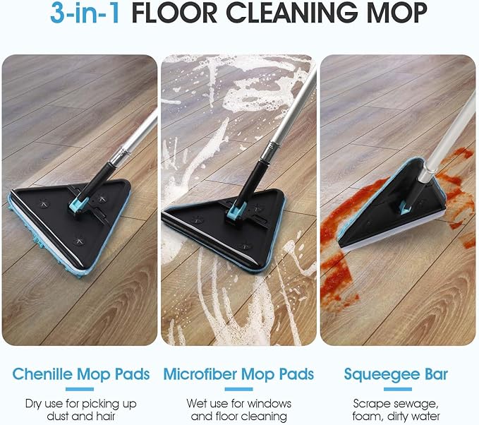 20 Foot Wall Cleaner Mop with 12 Ft Heavy Duty Extension Pole, 3-in-1 High Ceiling Cleaning Tool with 4 Microfiber Chenille Pad, Cobweb Duster, Fan, Baseboard, Window Squeegee Kit (12ft)