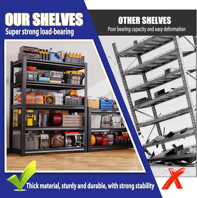 Garage Shelving-3000 lbs 5 Tier Storage Shelves,Adjustable Heavy Duty Metal Shelving Unit and Storage Large Wire Rack,Utility Steel Shelf for Warehouse Industrial Pantry Basement -78"x46"x20",Black