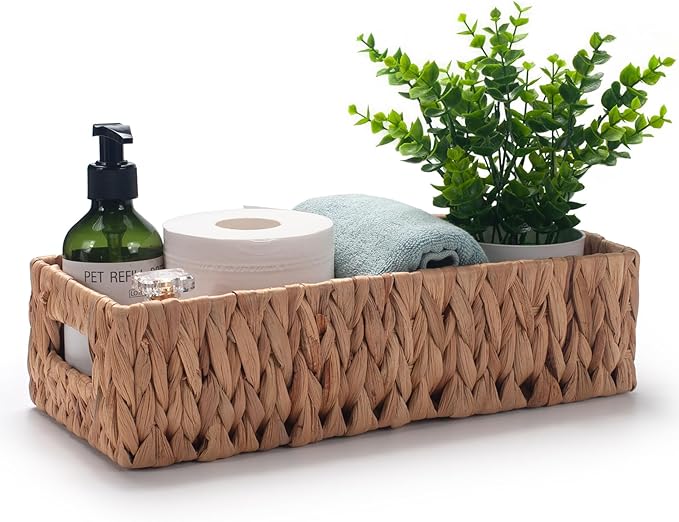 Toilet Paper Basket for Back of Toilet Water Hyacinth Long Narrow Wicker Bathroom Storage Basket with Built-in Handles 14.2 x 6.5 x 3.7 inch