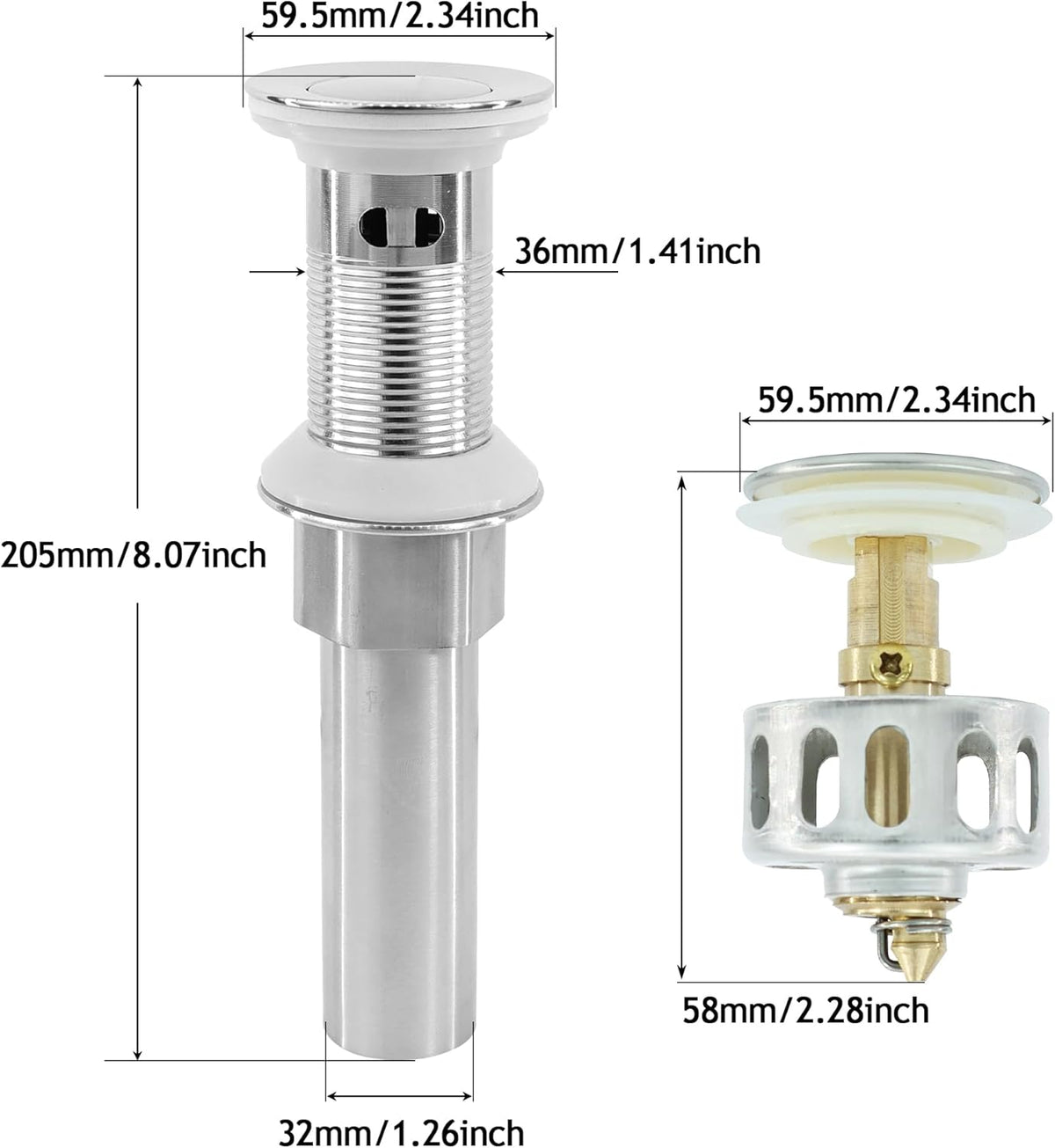 Bathroom Sink Drain,2 Pack Drain Stopper with Overflow,Small Cap Pop Up Drain Assembly with Detachable Strainer Basket,Built-in Anti-Clogging, Stainless Steel Nut Brushed Nickel