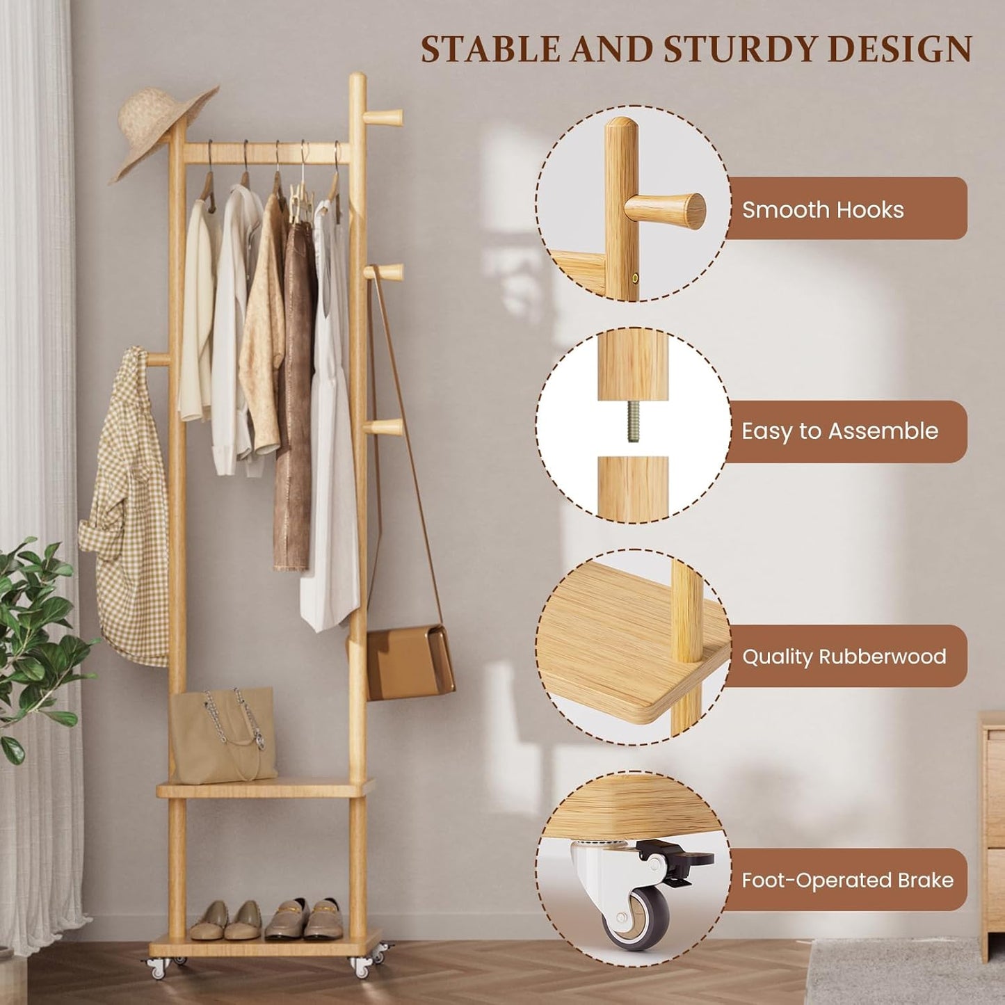 Solid Wood Coat Rack Freestanding Clothing Rack with Wheels & 2 Shelves Storage & 5 Hooks Heavy Duty Clothes Rack Wood Coat Tree Stand Hat Hanger Rack for Corner Bedroom Entryway Living Room Hotel