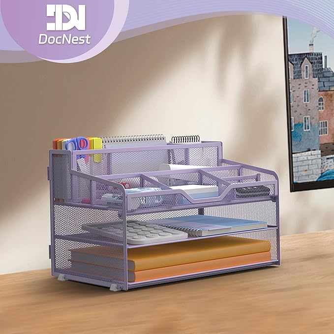Docnest 3 Tier Mesh Desk Organizer for Paper Office Supplies – Multi-Functional Letter Tray with 5 Adjustable Compartments, 3 Pen Holders, Desktop Storage for Files, Mail, Stationery – Purple