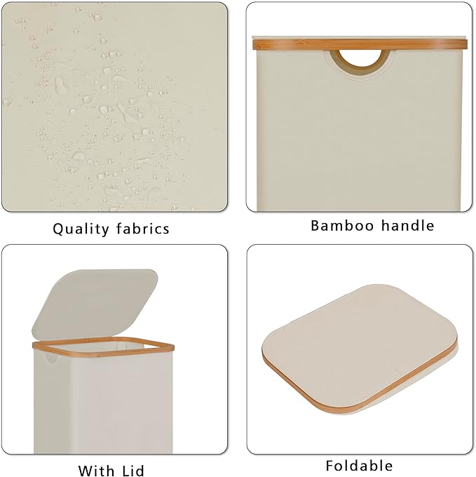 100L Laundry Hamper with Lid, Lagre Basket with Bamboo Handles,Foldable Clothes Hamper Tall Dirty Laundry Basket for Clothes Toys Towels Organizing,Beige