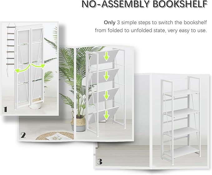 4NM No Assembly Folding Bookshelf Storage Shelves 4 Tiers Vintage Bookcase Standing Racks Study Organizer Home Office (All White)