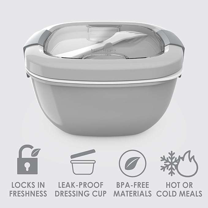 Bentgo Salad Container - 54 oz Bowl with 4-Compartment Toppings Tray, Leak-Proof Dressing Container, Reusable Fork, BPA-Free Lunch Box for Meal Prep & Food Storage; Removable Bento Tray (Gray)