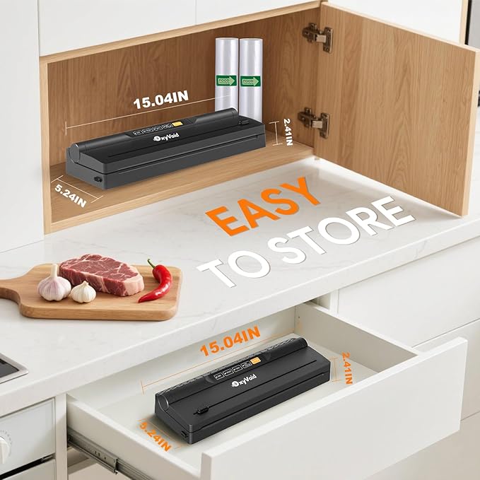 Precision Food Vacuum Sealer Machine, Powerful Automatic vacuum sealer for food Preservation Saver, Easy to Use, One-Touch Operation Food Vacuum Sealing Machine, Built-in Cutter & Hose, 2 Bags Rolls