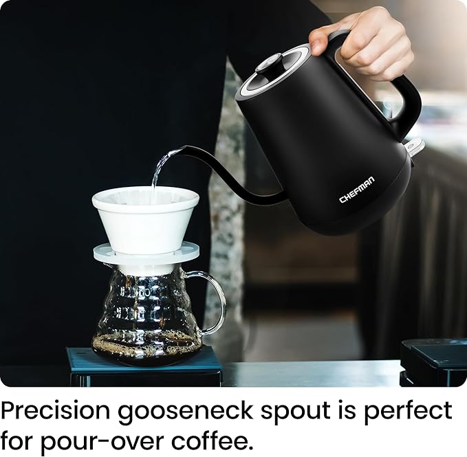 Chefman Gooseneck Electric Kettle, 0.8L Pour Over Tea Kettle for Coffee and Tea, One-Touch Operation, Boil-Dry Protection, Auto Shut-Off, Ultra-Fast Hot Water Boiler – Black