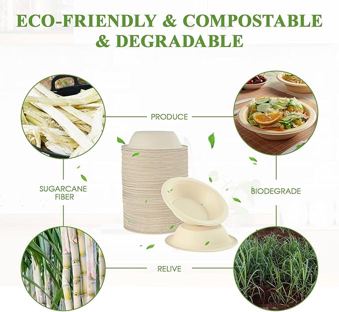 Vplus 180 Pack 16 OZ Paper Bowls, Disposable Compostable Bulk, Eco-friendly Bagasse, Heavy-duty Bowls Perfect for Milk Cereals, Snacks, Salads