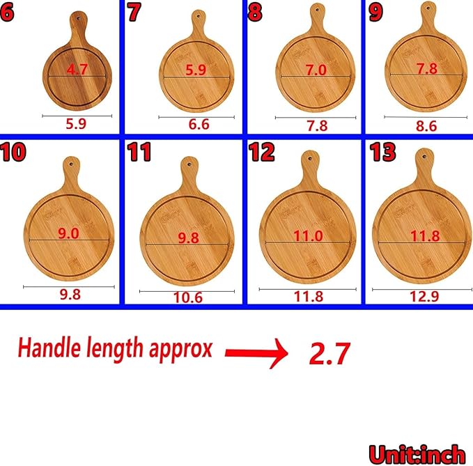 6 Pack Pizza Board Set – Premium Wooden Pizza Plates for Serving & Cutting, Round Bamboo Pizza Plate with Handle, Durable & Lightweight for Home & Restaurant (Up to 13 Inches),8inch