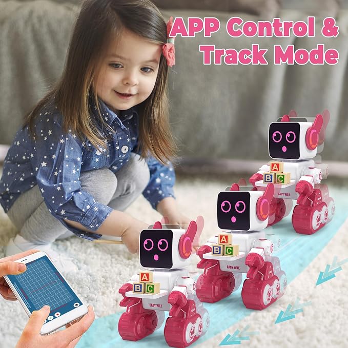 okk Robot Toys for Kids, Programmable Remote Control Robot, Interactive Toys with Coin Bank, LED and Tray, Walking Talking Singing Dancing Gift for Boys Girl（Pink）