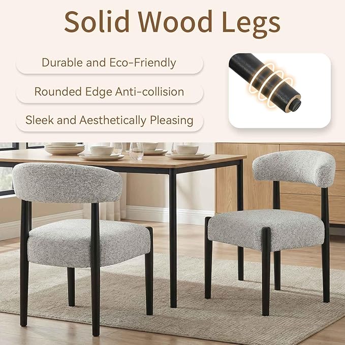 VKNOW Wooden Dining Chairs Set of 4, Modern Upholstered Dining Room Chairs with Black Rubberwood Legs and Curved Backrest, Fabric Kitchen Chairs for Dining Room, Heathered Off-White(Black Legs)