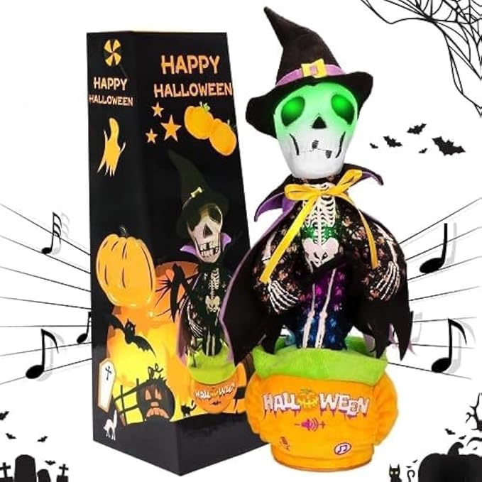 Emoin Halloween Skeleton Dancing Cactus Mimicking Toy, Talking Skull Cactus Toy Repeats What You Say,Singing Glowing Halloween Indoor&Outdoor Decorations