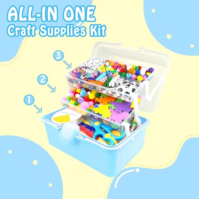 3000Pcs Arts and Crafts Supplies for Kids Craft Kits with Pipe Cleaners Crafting Supply All in 3 Layered Craft Box DIY Crafts for Kids Ages 4-8 8-12 Homeschool Supplies Toys Gifts for Girls & Boys