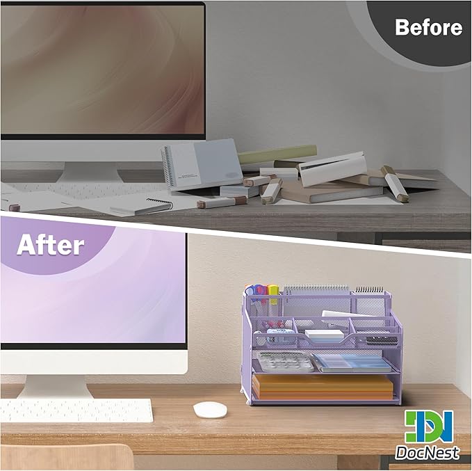 Docnest 3 Tier Mesh Desk Organizer for Paper Office Supplies – Multi-Functional Letter Tray with 5 Adjustable Compartments, 3 Pen Holders, Desktop Storage for Files, Mail, Stationery – Purple