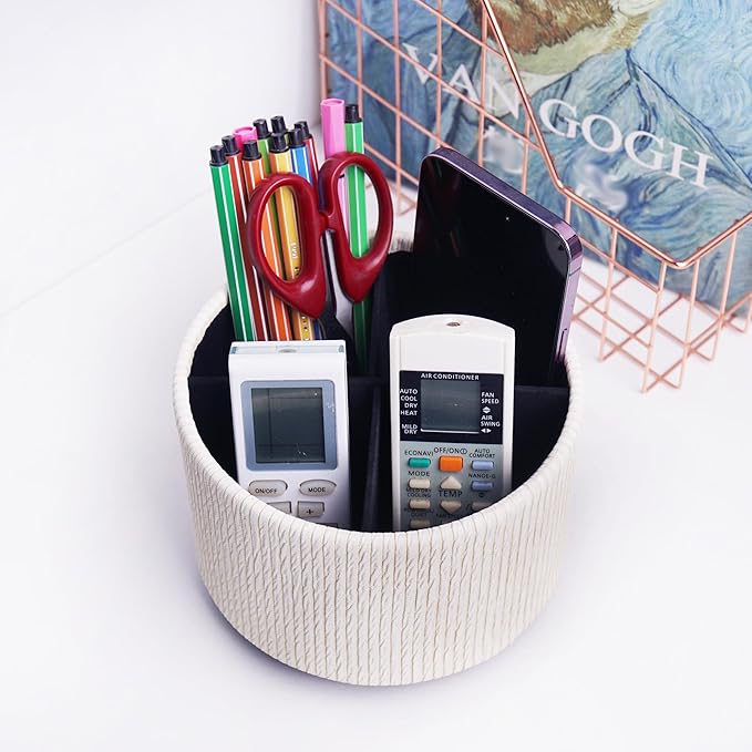 Hennaja Round Leather Art Supply Organizer,Remote Control Holder,360 Degree Spinning,Multi-Functional Pencil Holder,4 Compartments Desktop Stationary Organizer(1-Wood Beige)