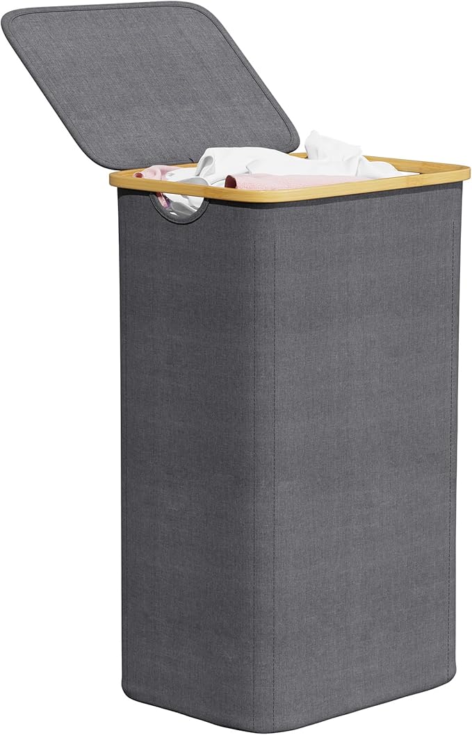 SpaceAid Laundry Hamper with Lid, 110L Large Tall Clothes Basket Bin with Bamboo Handles, Collapsible Laundry Hamper for Bedroom, Bathroom, Dorm, Laundry Room - Grey