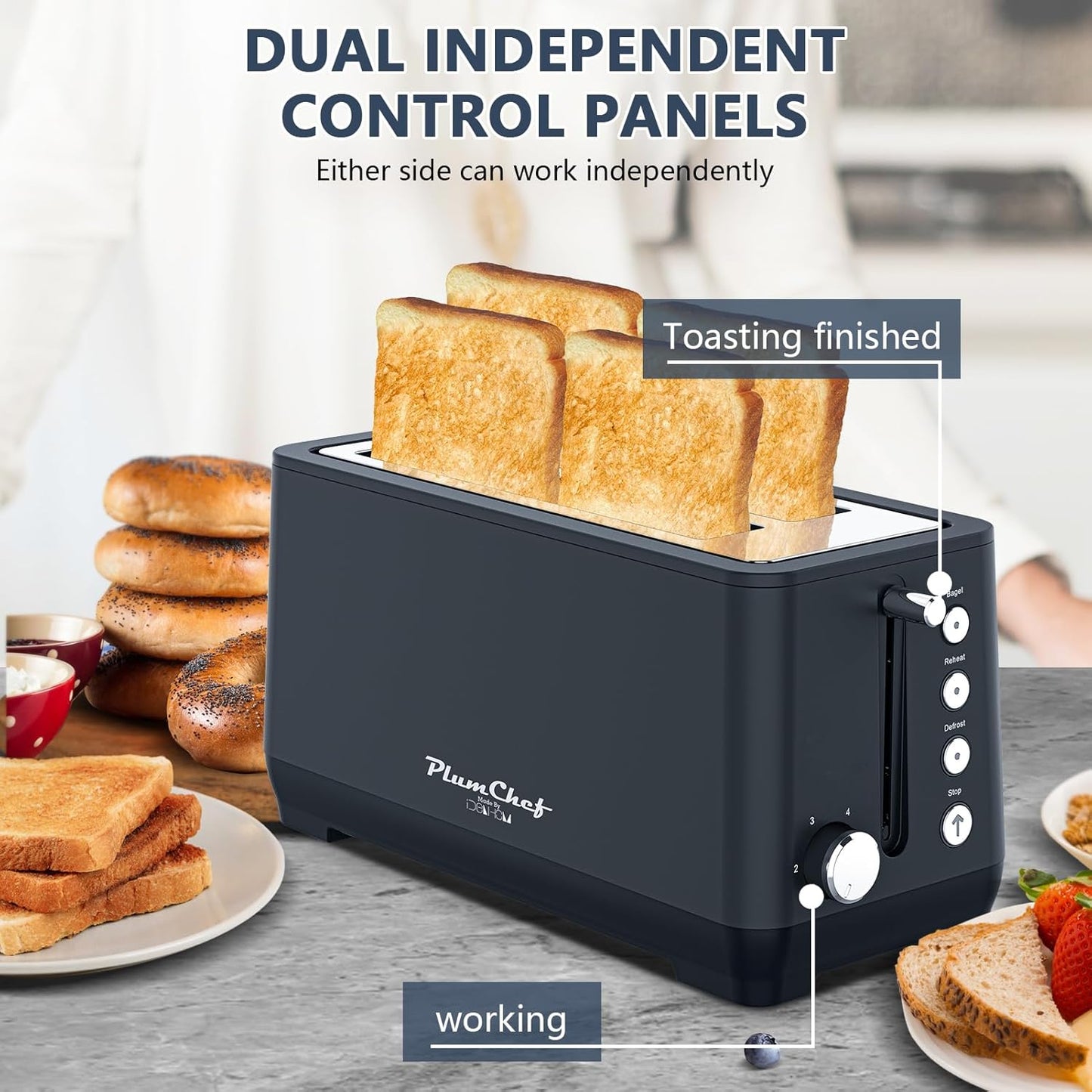 4-Slice Toaster, Extra Wide Long Slot Toaster with Warming Rack, 6 Browning Settings, Bagel/Defrost/Reheat Functions, Removable Crumb Tray, Stainless Steel Housing 1350W (2, Matte Blue)