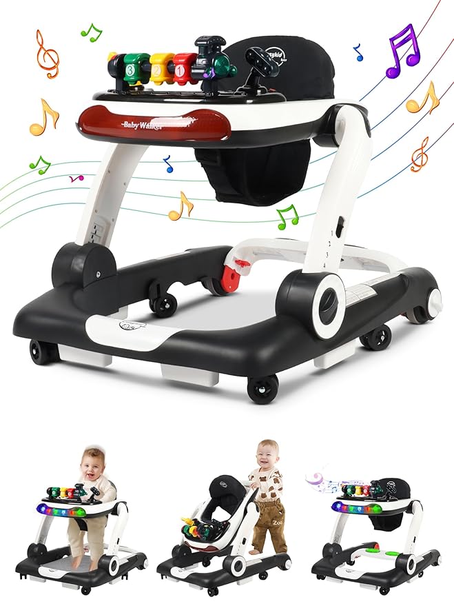 Music and Lights Baby Walker with Wheels, 6 in 1 Baby Activity Center w/Ergonomic backrest Design, Baby Walkers for Boys w/Foot Pads, Music Bouncer Walkers for Boys Girls Babies 6-18 Months, Black