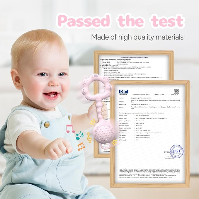 Teething Toys for Babies 6-12 Months, Baby Rattles 0-6 Months, 2-in-1 Rattle and Teether Toy for Soothing Sore Gums and Keeps Little Ones Entertained, Food Grade Silicone, Pink