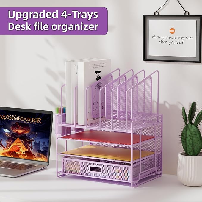 Marbrasse Desk Organizers, 4-Tier Mesh Desk File Organizer with 5 Vertical File Holders and 2 Pen Holders, Multifunction Desktop Organizer,Desk Organizers and Accessories for Home Office (Purple)