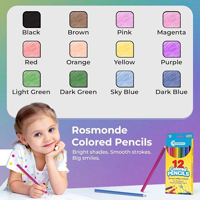 Rosmonde 100 Pack (1200 Count) Colored Pencils Bulk Set, 12 Assorted Pre Sharpened Pencil Colors, Easy Hold Grip, Drawing & Coloring Supplies, Bulk Set for Schools and Classrooms Projects