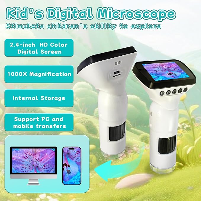 Microscope for Kids with 12 Slides, 200X-1000X,2.4" Screen Digital Handheld Kids Microscope Kit, Portable Pocket Removable Miniscope Science Toys Gifts for for 3 4 5 6 7 8 9 10 11 12 Year Old