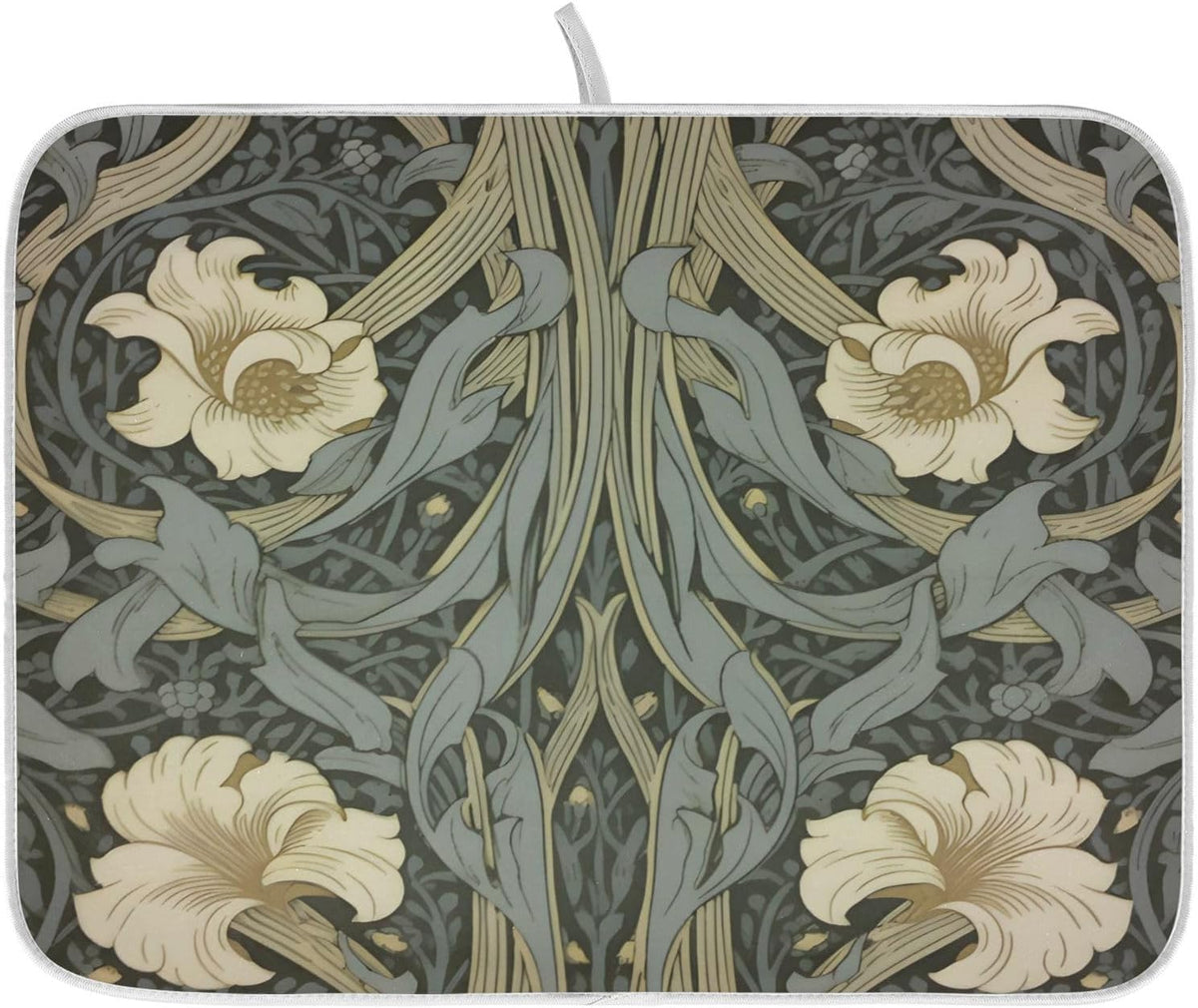 William Morris Flowers Print Dish Drying Mat for Kitchen Counter Absorbent Microfiber Small Drying Pad Dish mats for Kitchen Countertops 16 x 18 Inch