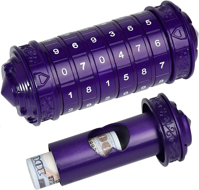 wellsee Da Vinci Code Numeric Mini Cryptex Brainteaser Puzzle Box,Metal Password Lock Cash Box with Hidden Compartment for Money,Challenge Game for Ages 12+ and Up,Unique Xmas Gifts for Her&Him,Purple