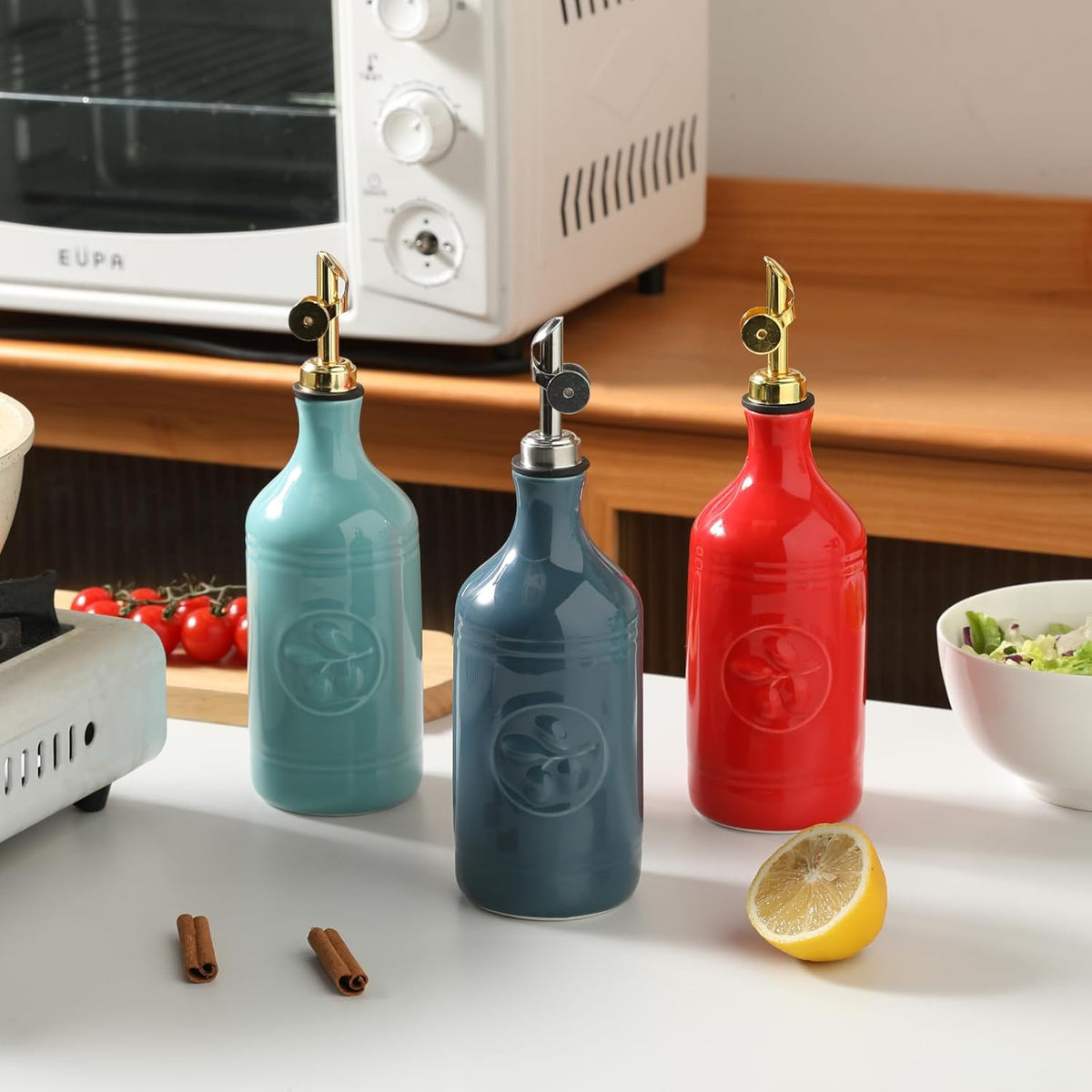 Sweejar 16 Oz Ceramic Olive Oil Dispenser Bottle, Oil Dispenser for Kitchen with Gravity Spout, Relief Opaque Oil Container for Evoo, Avocado Oil, Vinegar, Soy Sauce, 1 Pack(Turquoise, Silver Spout)
