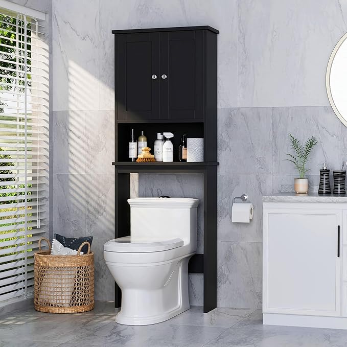 Meilocar Over The Toilet Storage Cabinet for Bathroom, Black Bathroom Over Toilet Cabinet Freestanding Storage Organizer, Space Saver with Doors and Adjustable Shelf, Black