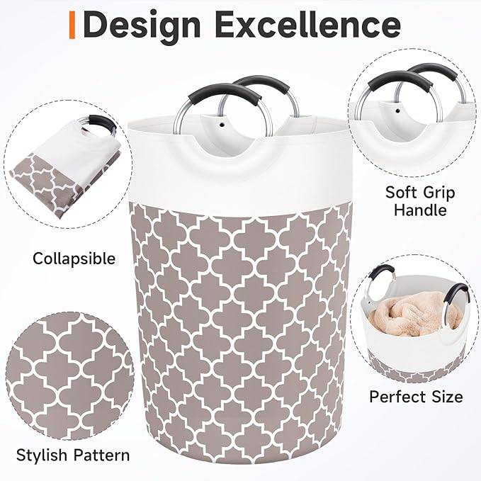 Large Laundry Basket Laundry Hamper Bag Washing Bin Clothes Bag Collapsible Tall With Handles Waterproof Travel Bathroom College Essentials Storage For College Dorm, Family (Khaki)115L