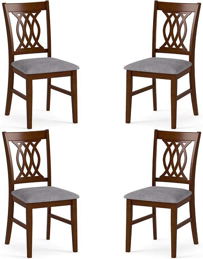 Giantex Upholstered Dining Chairs Set of 4, Farmhouse Fabric Side Chairs w/Cushioned Seats, Patterned Backrests, Sturdy Rubber Wood Frames, Wooden Accent Chairs for Kitchen, Dining Room