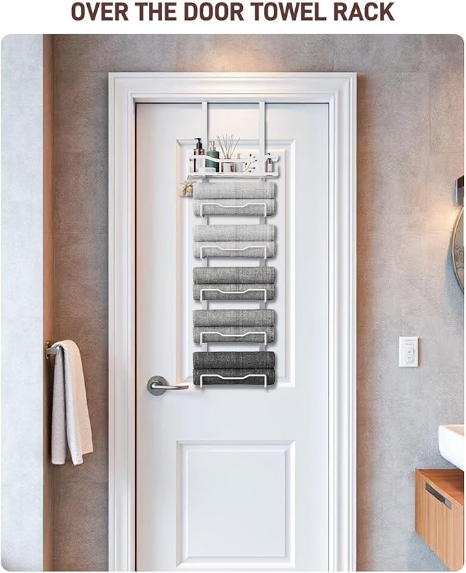 Hanging Towel Racks for Bathroom No Drill - Over The Door 6-Tier Bath Towel Storage Organizer for Small Bathrooms - Back Door Large Tiered Towel Holder Hanger for Rolled Towels RV Camper White