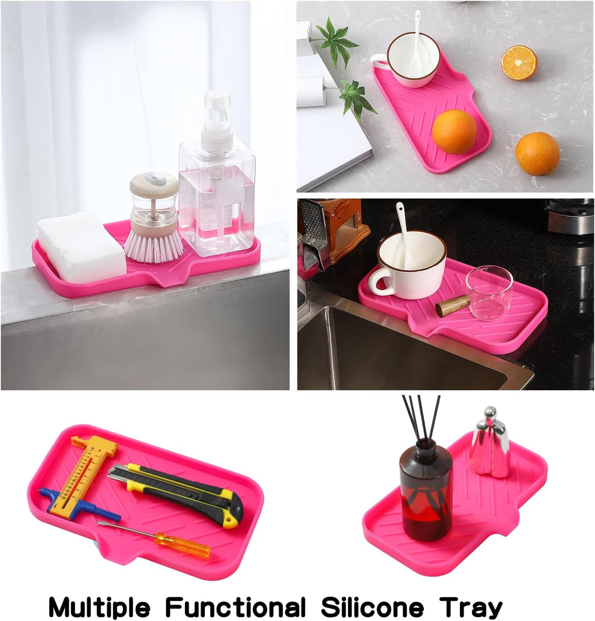 Silicone Bathroom Soap Dishes with Drain Spout-Bathroom and Kitchen Sink Organizer,Sponge Holder,Dish Soap Tray,Perfect for Dispenser,Scrubber,Bottle,Cup on Sink or Counter-Rose 9.6"×5.3"