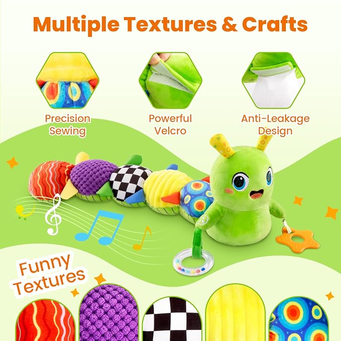 GoGonova Musical Caterpillar Baby Sensory Toy for Infant Development 0-12 Months – Newborn Bath, Car Seat, Stroller & Bassinet Activity Toy & Gift – Tummy Time Crawler & Teether(Green)