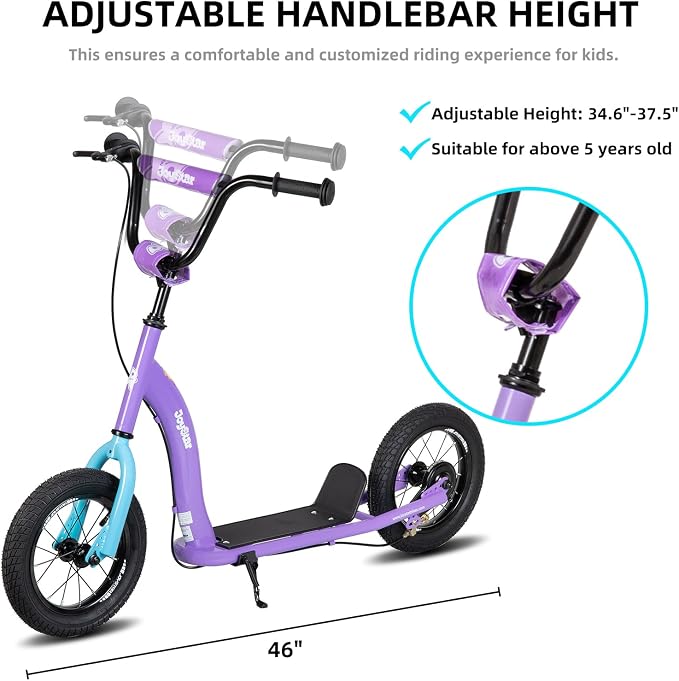JOYSTAR Kick Scooter for Kids 5+ Teens & Youth, Lightweight Kids Scooter with Adjustable Handlebar, 2 Wheel Scooter for Boys & Girls, 12" Inflatable Wheels Rear Drum Brakes