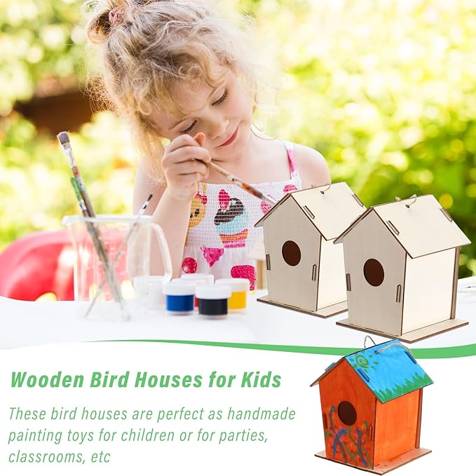DoubleFill 12 Pcs 4.33" Wooden Bird Houses Crafts Kit for Kids DIY Unfinished Hanging Birdhouse for Art Painting Wood Toys Boy Girl Class Back to School Classroom Project Parties Creative Activity