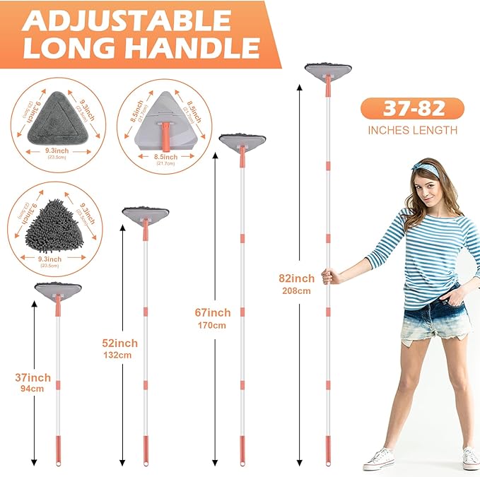 Wall Cleaner Triangle Mop with 82'' Long Handle - Wall Scrubber, Cleaning Washer Tool with 4 Microfiber Chenille Duster Pads for Clean Walls, Ceiling, Windows, Baseboards, Floors (Gray)