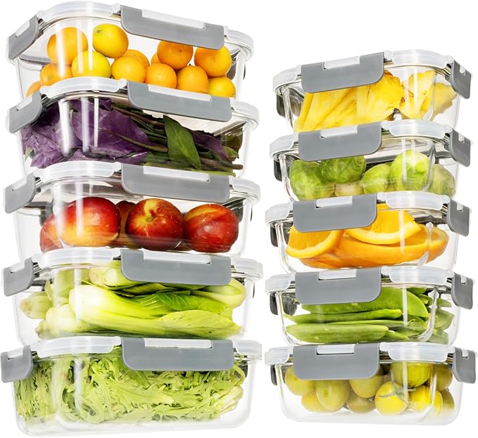 Glass Food Storage Containers with Lids,20 Pieces Glass Storage Container sets,Meal Prep Container,Airtight Glass Lunch Containers,Leakproof,BPA Free(10 lids & 10 Containers)