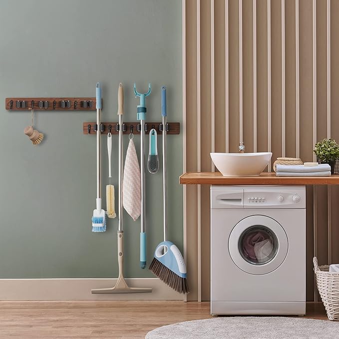 2 Pack Mop Broom Holder Wall Mount - Wood Broom Mop Hanger - Wall Mounted Garden Tool Rack Organizer for Closet Garage Laundry Room Farmhouse Rustic Kitchen Decor With 4 Slots & 4 Hooks