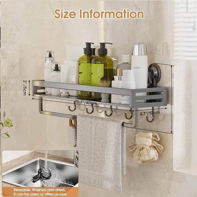 Shower Caddy Suction Cup,15.7 inch Suction Shower Shelf with Hooks NO-Drilling Bathroom Holder, Rustproof Bathroom Organizer, Dark Grey