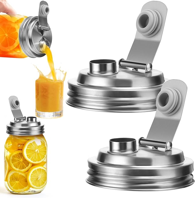 Palksky Mason Jar Pour Spout Lid Stainless Steel, Wide Mouth Pour Spout Flip Cap Lids for Mason Jars, anticracking Leak Proof Seal Cover Airtight for Drinking Salad Dressing & Food Storing(2PCS)