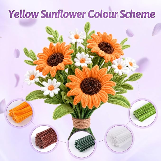 OneAmg 800PCS Pipe Cleaners Craft Kit with 14 Colors，DIY Flowers Making Set | Chenille Stems for DIY Flower Making Kit with Instructions,Floral Wires,Stamen& Ribbon,Art and Craft Supplies