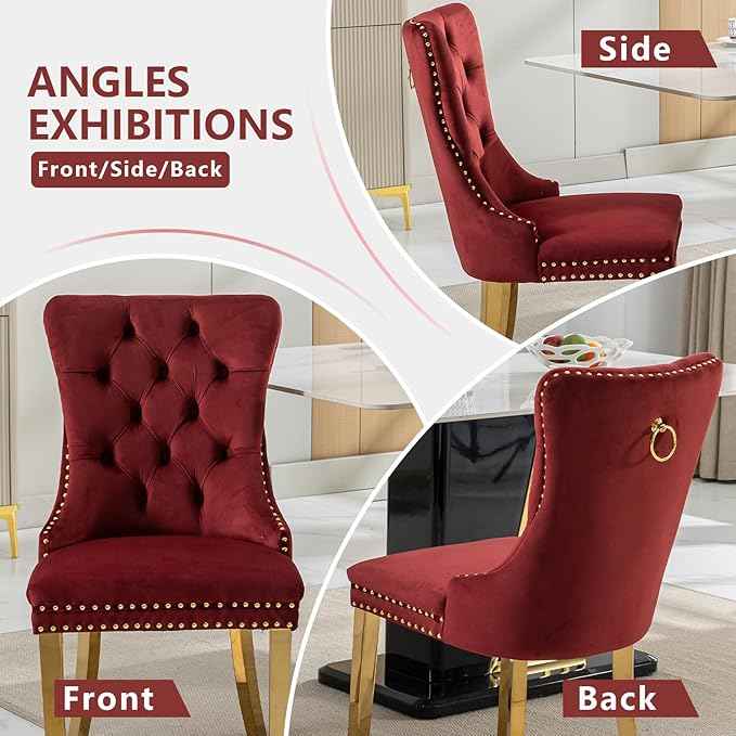Velvet Dining Chairs Set of 2, Kitchen Chairs Set of 2, Tufted Upholstered Dining Room Chair, Back Ring Pull Trim, Golden Stainless Steel Legs, Wine Red