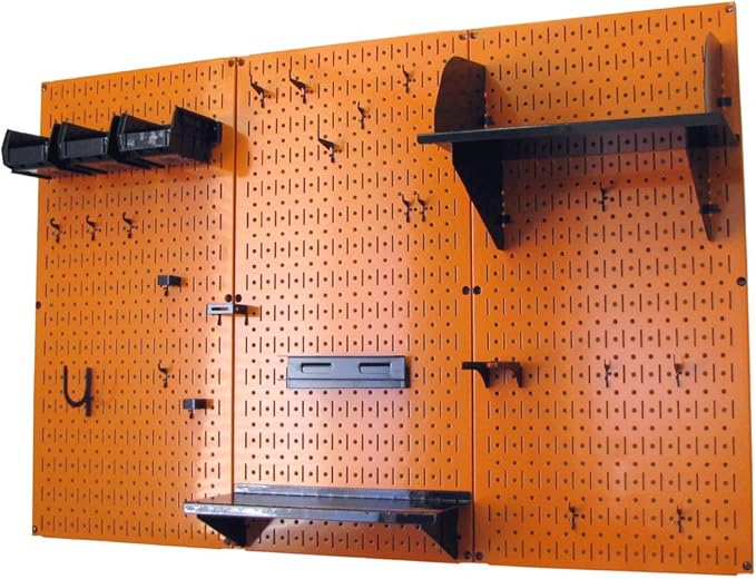 Wall Control 4 ft Metal Pegboard Standard Tool Storage Kit with Orange Toolboard and Black Accessories